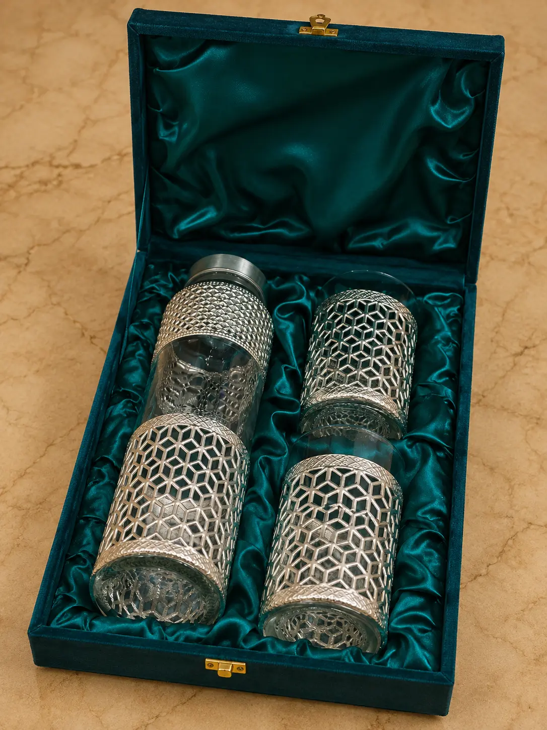 German silver bottle and glass gift set crafted for premium gifting by Nestora Overseas