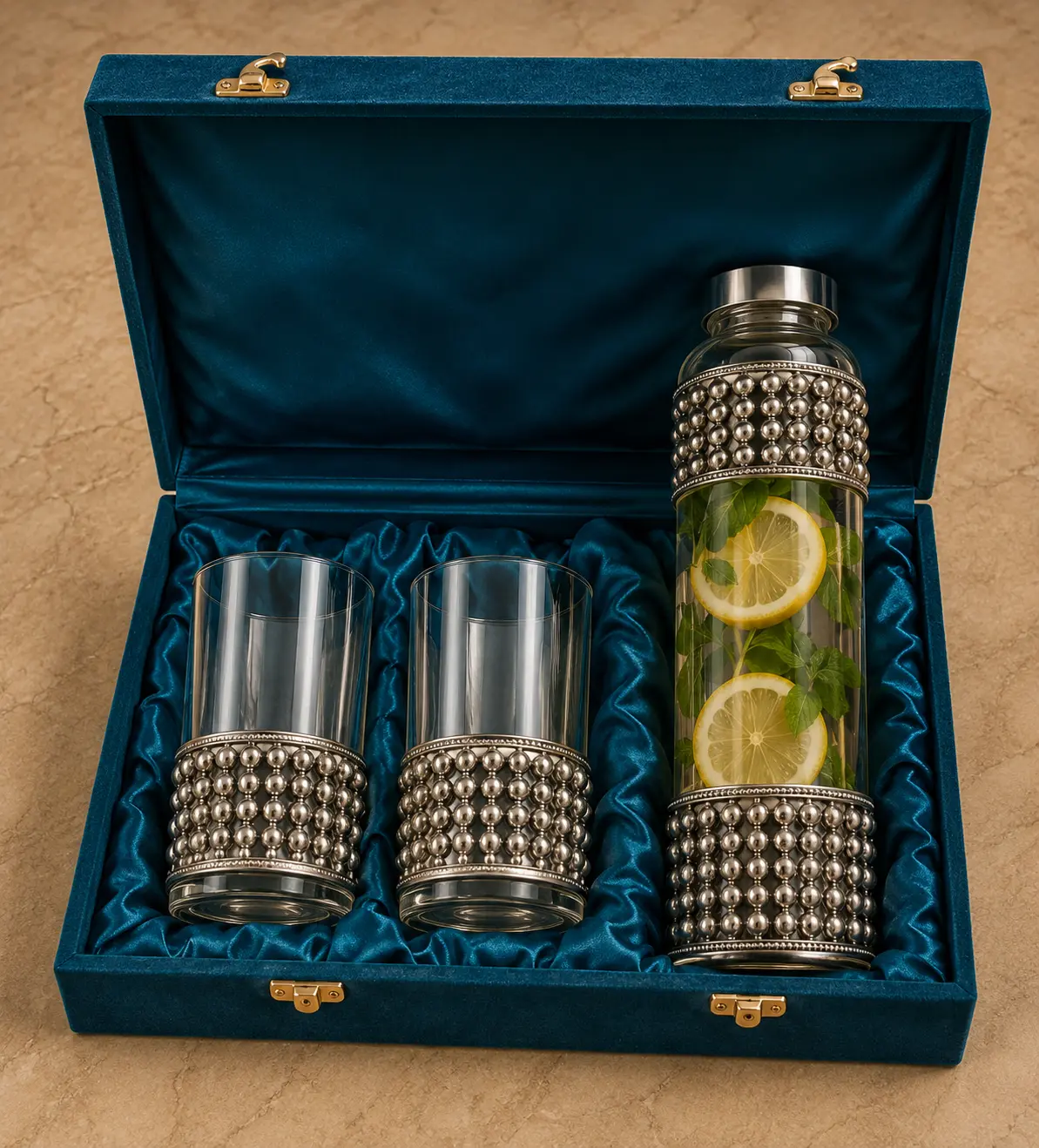 German silver bottle set in velvet box for gifting and return gifts