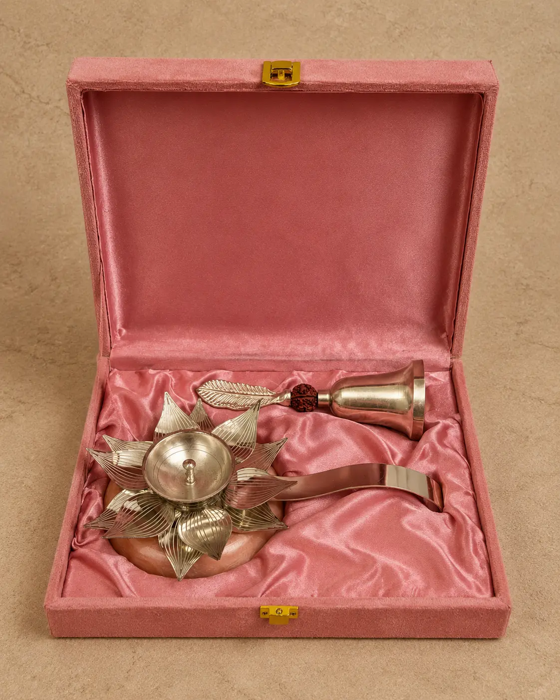 German silver diya bell pooja gift set in velvet box for festive gifting and diwali occasions