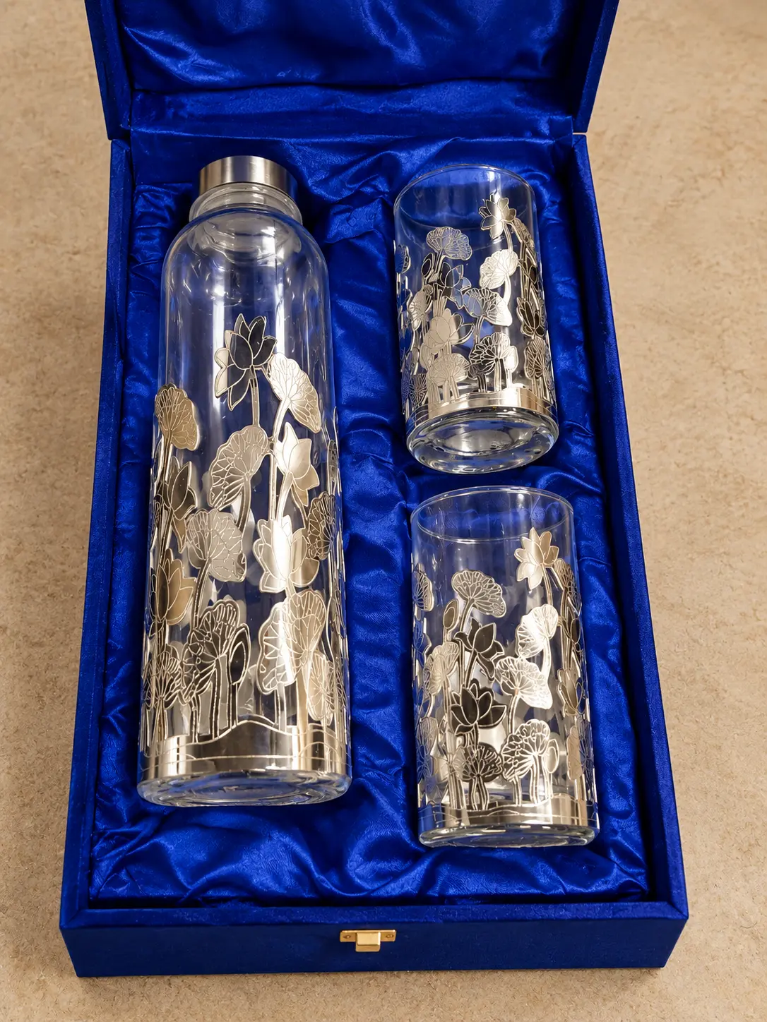 German silver glass set in velvet gift box for wedding and special occasion gifting