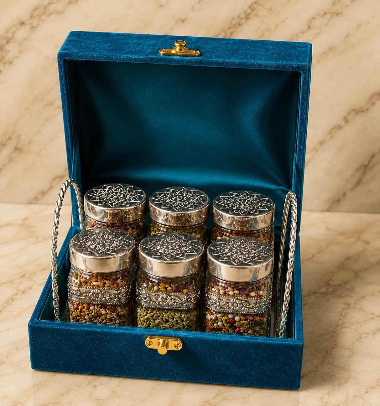 German silver mukhwas set in gift box for wedding return gifts and premium gifting