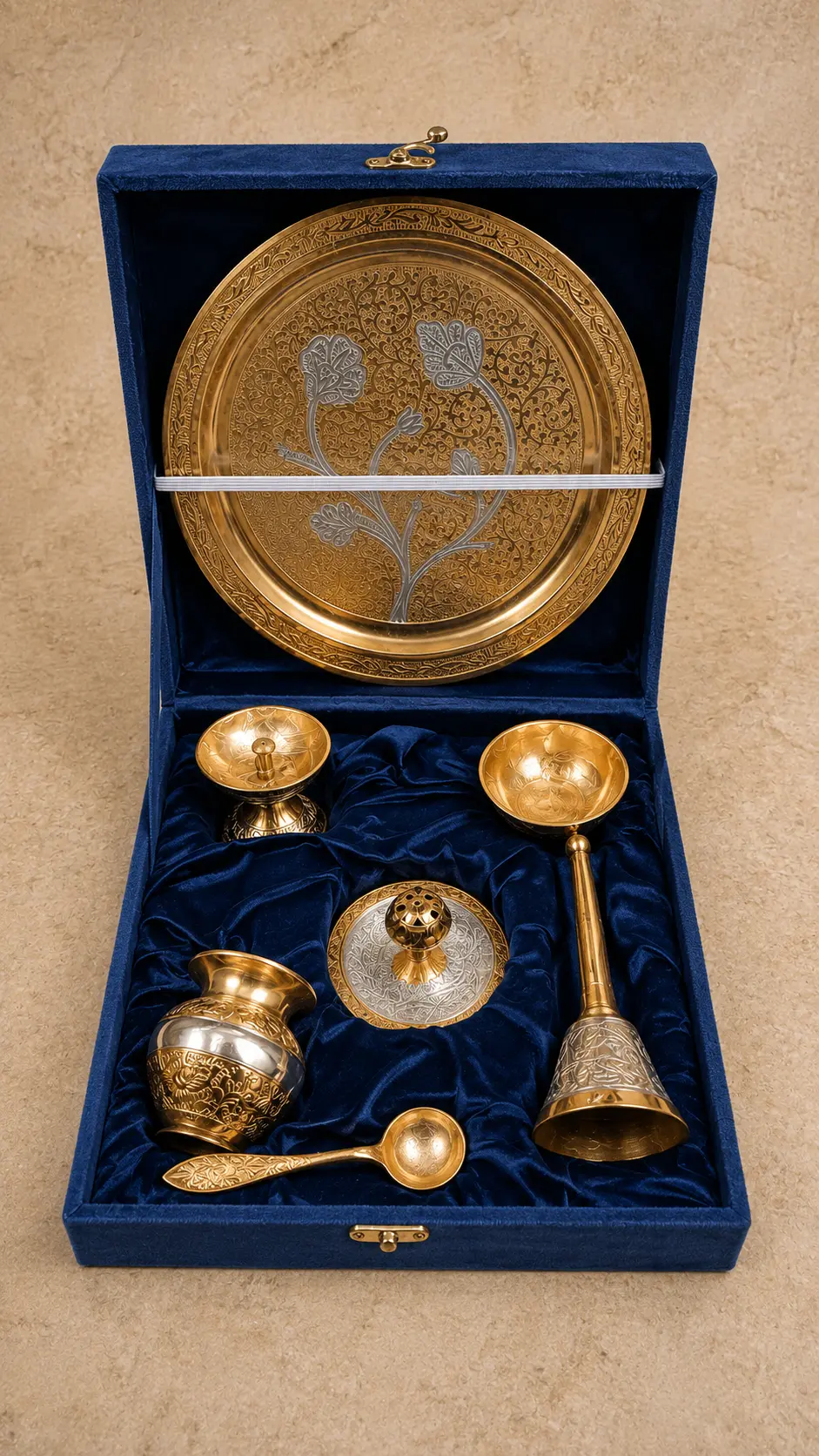 German silver pooja gift set in velvet box for festive gifting and traditional occasions