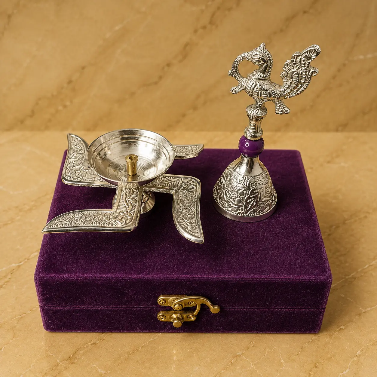 German silver Rudraksha diya set for festive gifting and traditional Indian celebrations by Nestora Overseas