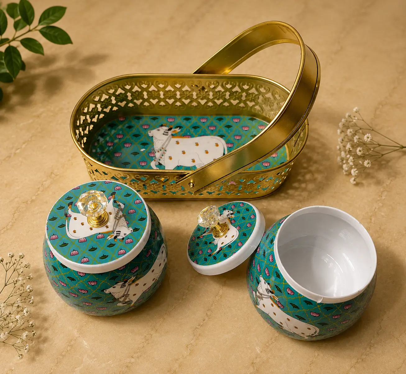 Pichwai Dry Fruits Jars with basket Cow Print Exporter moradabad Nestora Overseas