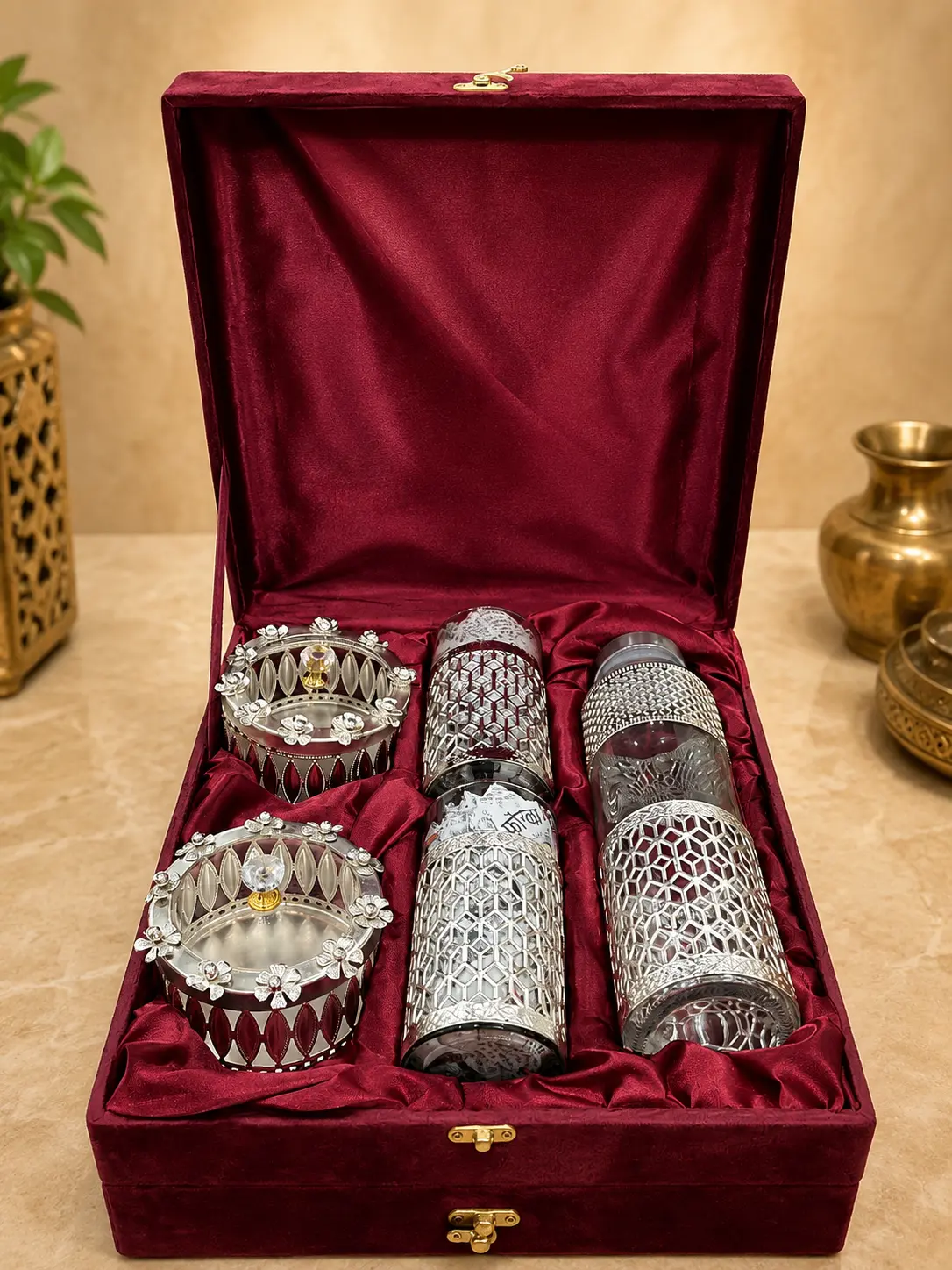 German silver bottle bowl set for wedding return gifts and premium Indian gifting
